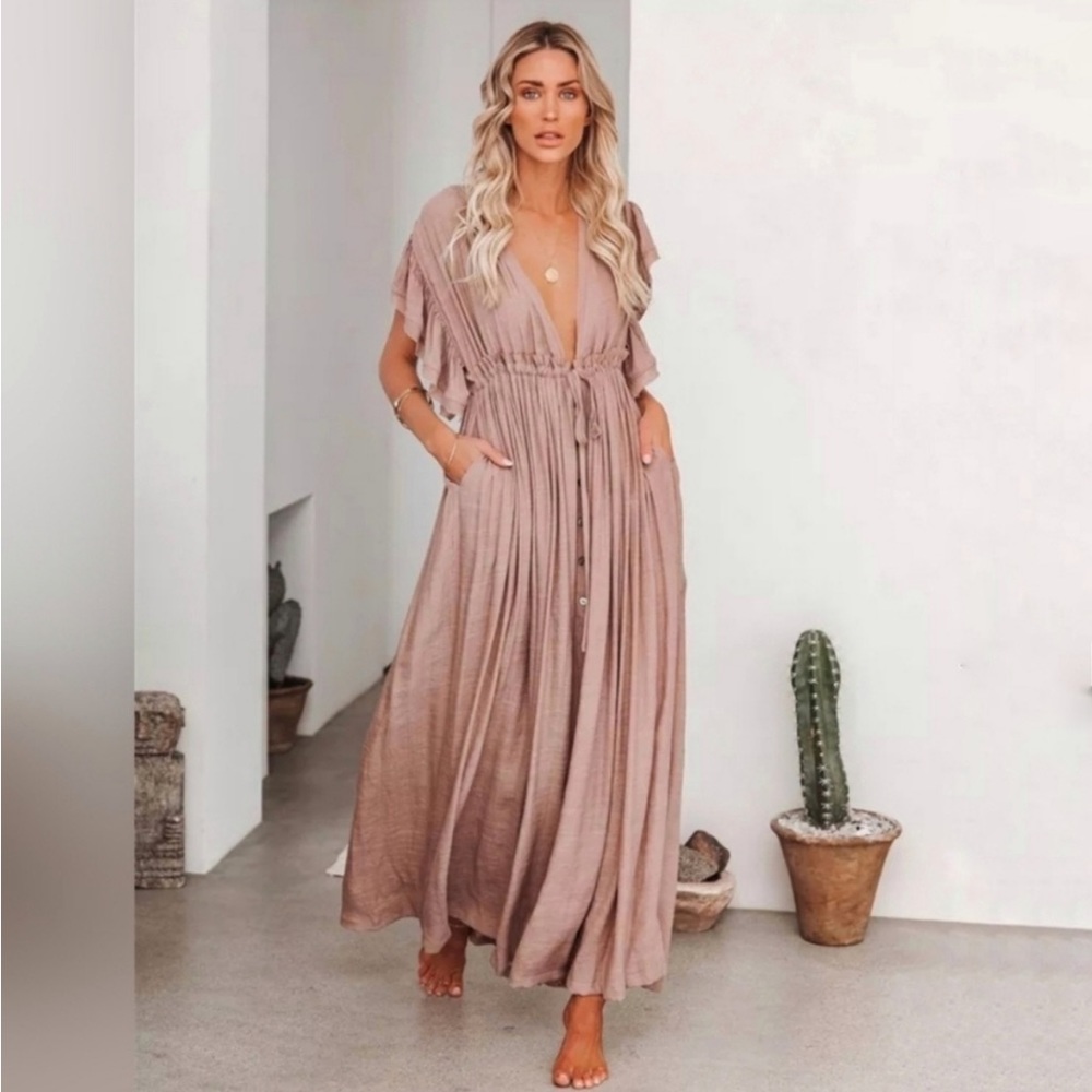 New Gauze Cover Up Maxi Dress Button Front Deep Plunge Nude Blush.